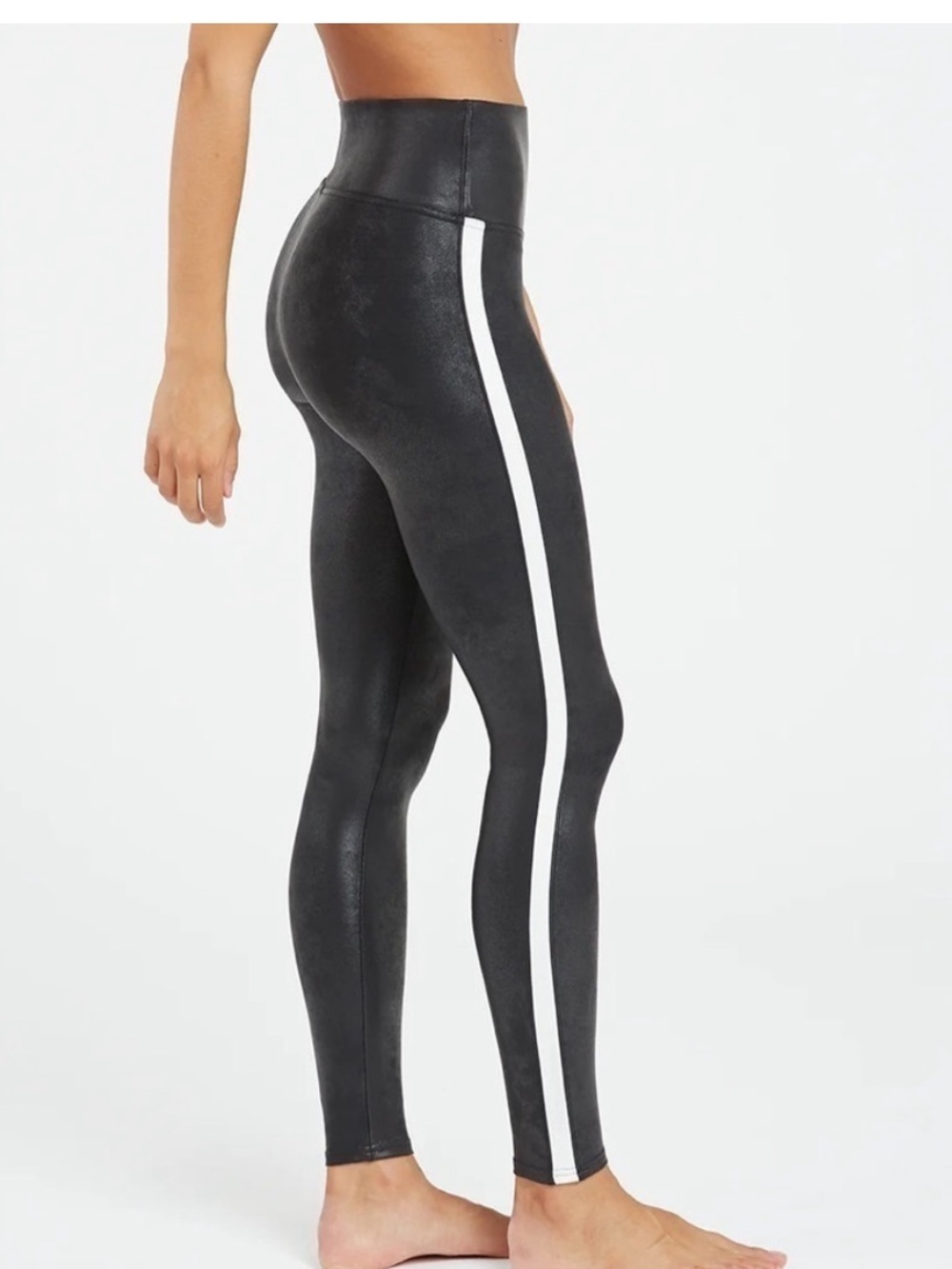 SPANX Women’s Faux Leather Varsity Side Stripe Black/White Leggings Size XS